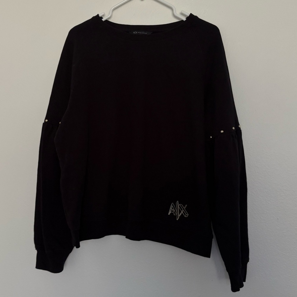 Armani Exchange Black Crewneck Sweater with Stud Sleeve Detail Size XL